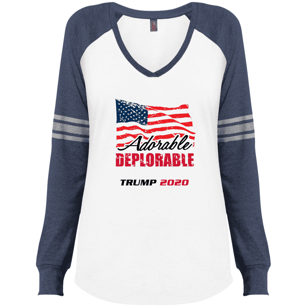 Designs by MyUtopia Shout Out:Adorable Deplorable Trump 2020 Ladies' Long Sleeve V-Neck Game T-Shirt,White/True Heathered Navy / X-Small,Long Sleeve T-Shirts