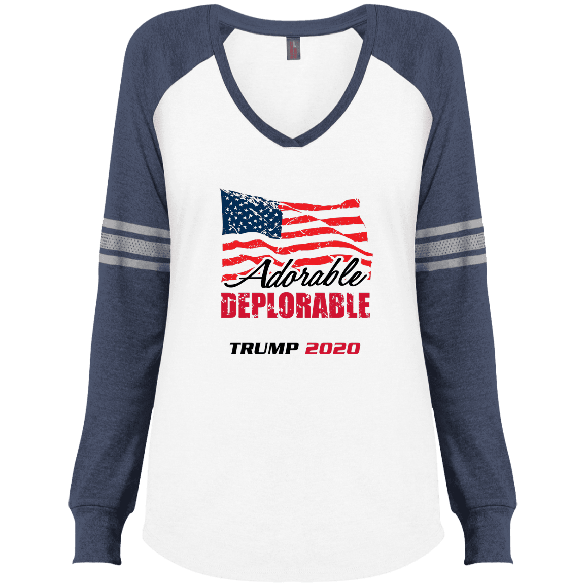 Designs by MyUtopia Shout Out:Adorable Deplorable Trump 2020 Ladies' Long Sleeve V-Neck Game T-Shirt,White/True Heathered Navy / X-Small,Long Sleeve T-Shirts