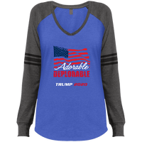 Load image into Gallery viewer, Designs by MyUtopia Shout Out:Adorable Deplorable Trump 2020 Ladies&#39; Long Sleeve V-Neck Game T-Shirt,True Royal/Charcoal / X-Small,Long Sleeve T-Shirts
