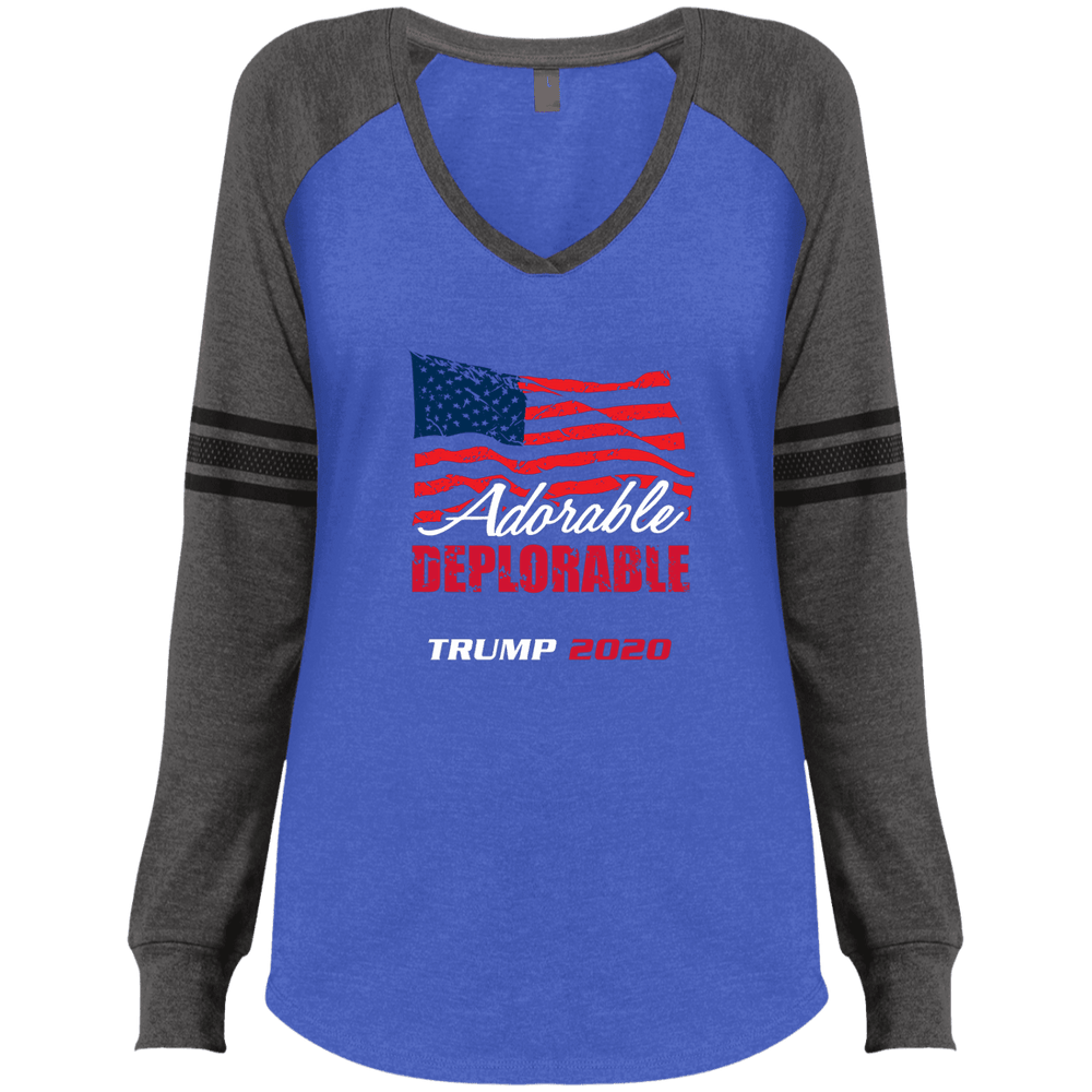Designs by MyUtopia Shout Out:Adorable Deplorable Trump 2020 Ladies' Long Sleeve V-Neck Game T-Shirt,Heathered True Royal/Heathered Charcoal / X-Small,Long Sleeve T-Shirts