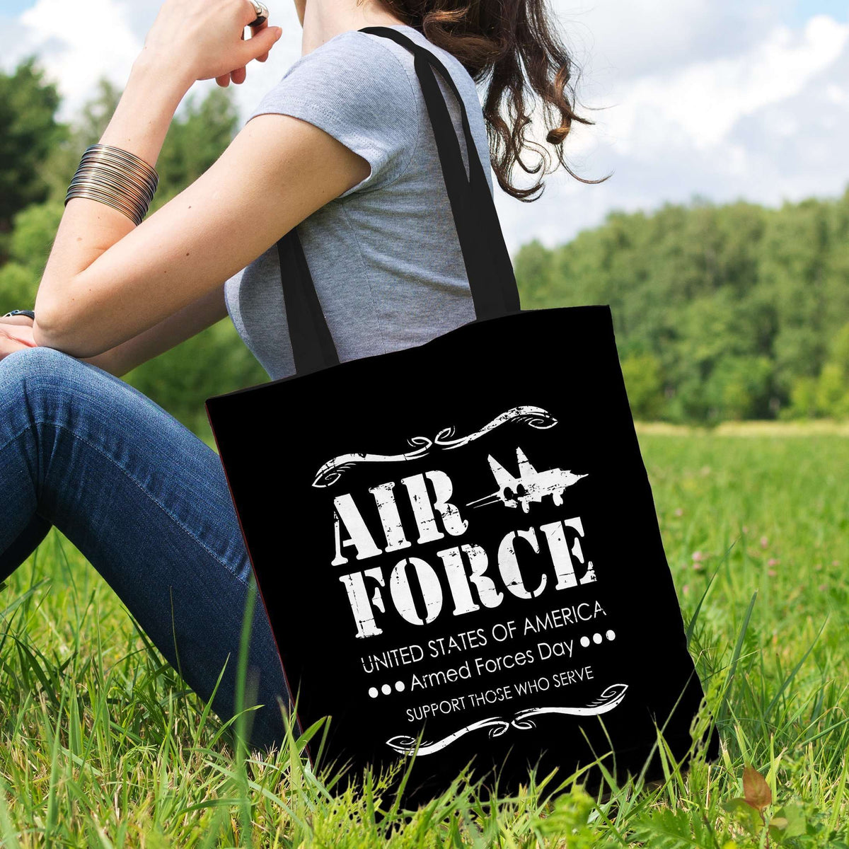 Designs by MyUtopia Shout Out:Air Force Armed Forces Day Support Those Who Serve Fabric Totebag Reusable Shopping Tote