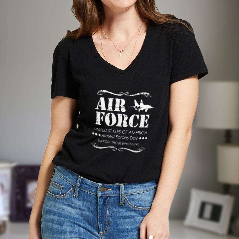 Designs by MyUtopia Shout Out:Air Force Armed Forces Day Support Those Who Serve Ladies' V-Neck T-Shirt