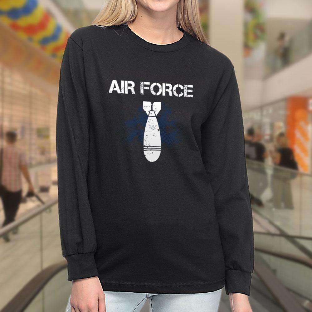 Designs by MyUtopia Shout Out:Air Force Bomb Long Sleeve Unisex Cotton T-Shirt,Black / S,Long Sleeve T-Shirts