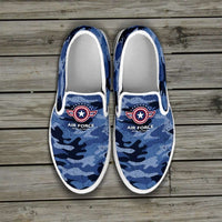 Load image into Gallery viewer, Designs by MyUtopia Shout Out:Air Force Wings Slip-on Shoes,Women&#39;s / Women&#39;s US6 (EU36) / Blue Camo,Slip on sneakers
