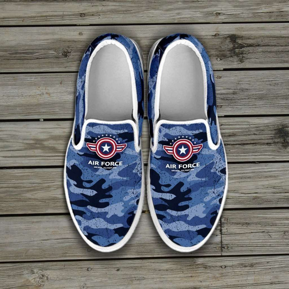 Designs by MyUtopia Shout Out:Air Force Wings Slip-on Shoes,Women's / Women's US6 (EU36) / Blue Camo,Slip on sneakers
