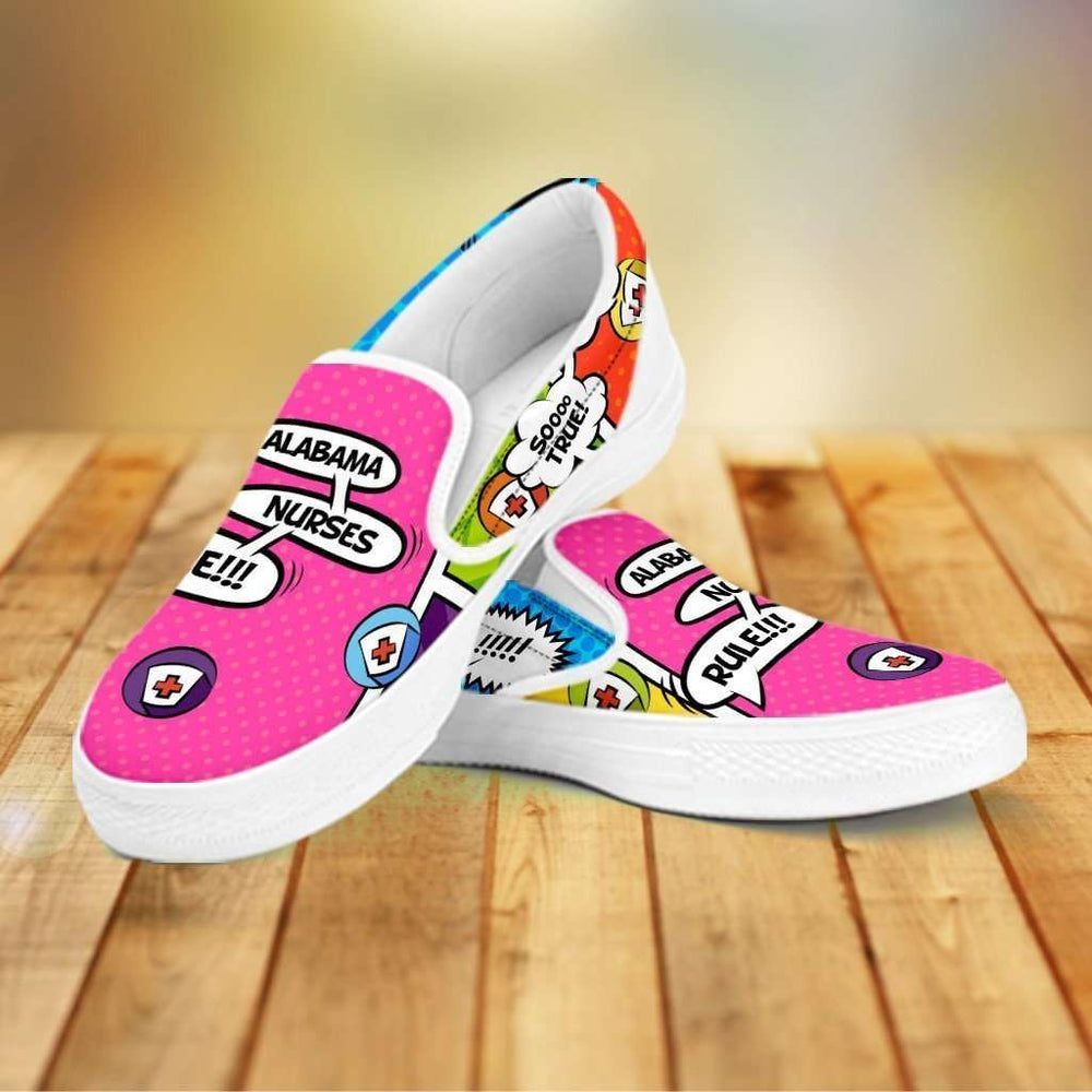 Designs by MyUtopia Shout Out:Alabama Nurses Rule! Comic Strip Slip-on Shoes,Women's / Women's US6 (EU36) / Multicolor,Slip on sneakers