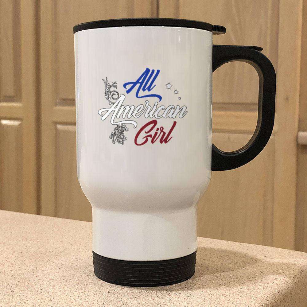 Designs by MyUtopia Shout Out:All American Girl 14 oz Stainless Steel Travel Coffee Mug w. Twist Close Lid,White / 14 oz,Travel Mug