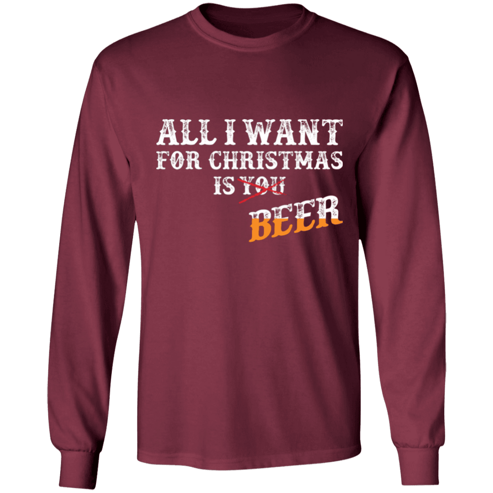 Designs by MyUtopia Shout Out:All I Want For Christmas Is Beer - Ultra Cotton Long Sleeve T-Shirt,Maroon / S,Long Sleeve T-Shirts
