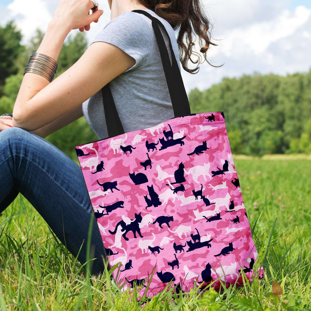 Designs by MyUtopia Shout Out:All Over Print Cat Pink Camouflage Fabric Totebag Reusable Shopping Tote