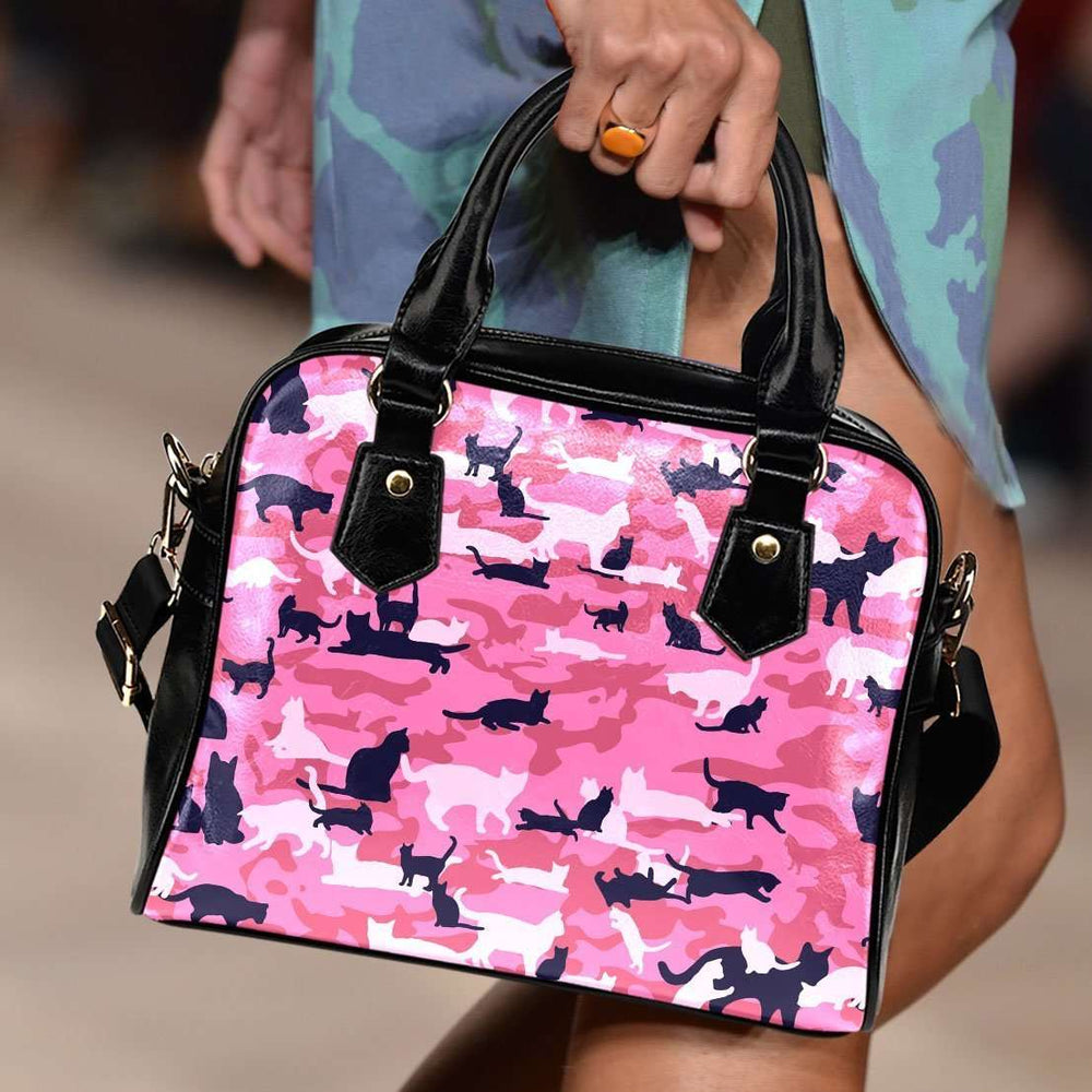Designs by MyUtopia Shout Out:All Over Print Cat Pink Camouflage Faux Leather Handbag with Shoulder Strap