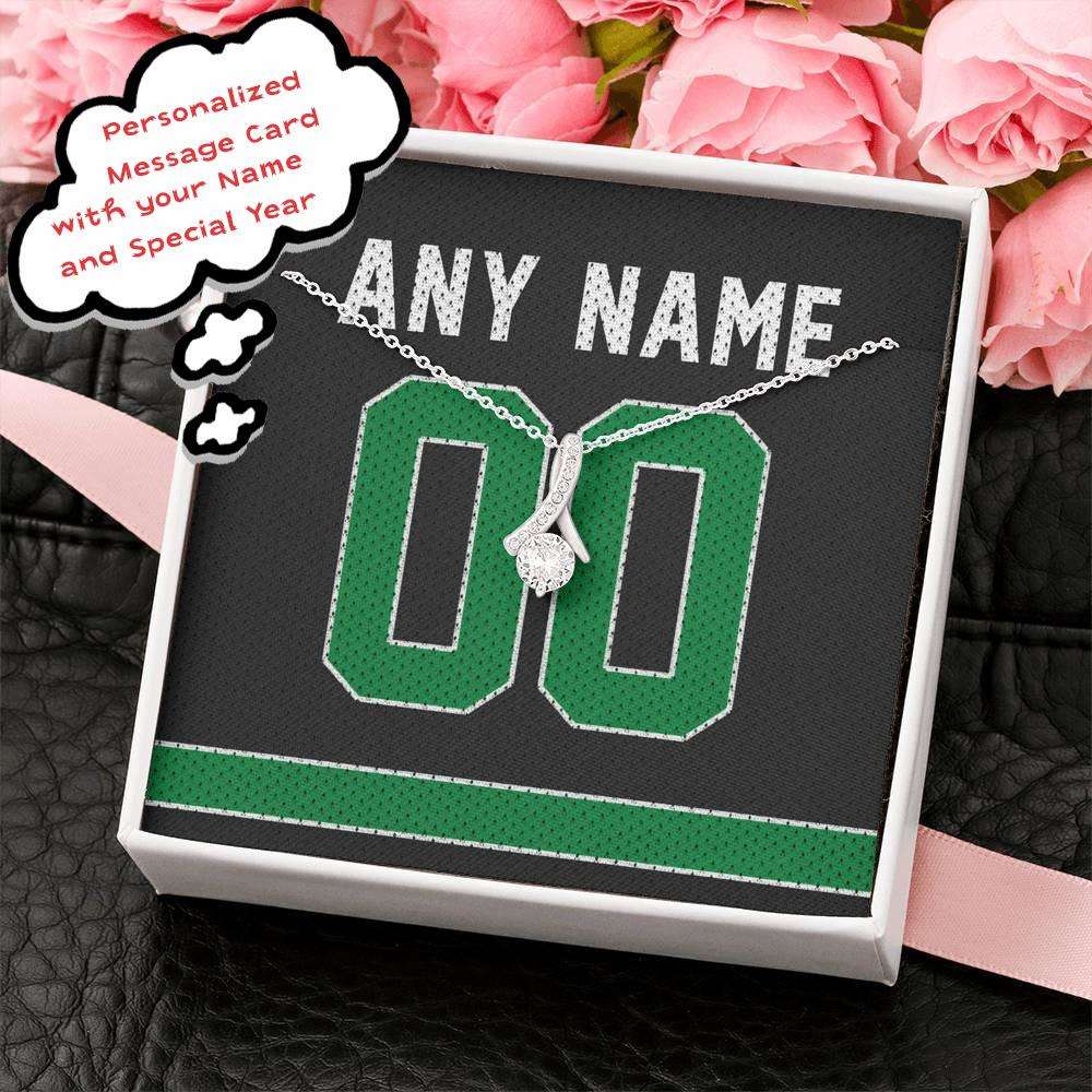 Designs by MyUtopia Shout Out:Alluring Beauty Ribbon Necklace with Basketball Jersey Themed Boston Fan Personalized Gift Message Card