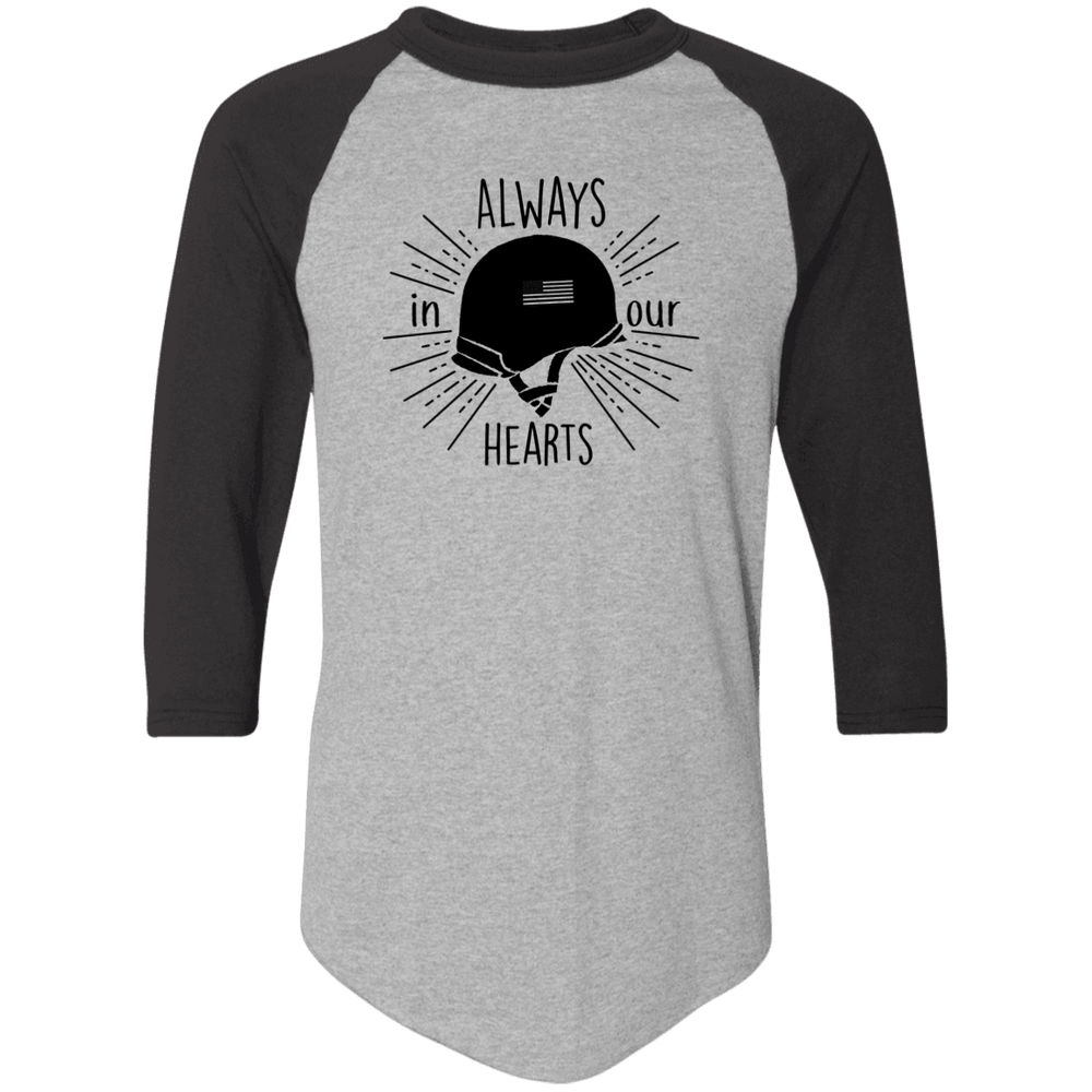 Designs by MyUtopia Shout Out:Always In Our Hearts Army Helmet with Flag 3/4 Length Sleeve Color block Raglan Jersey T-Shirt,Athletic Heather/Black / S,Adult Unisex T-Shirt