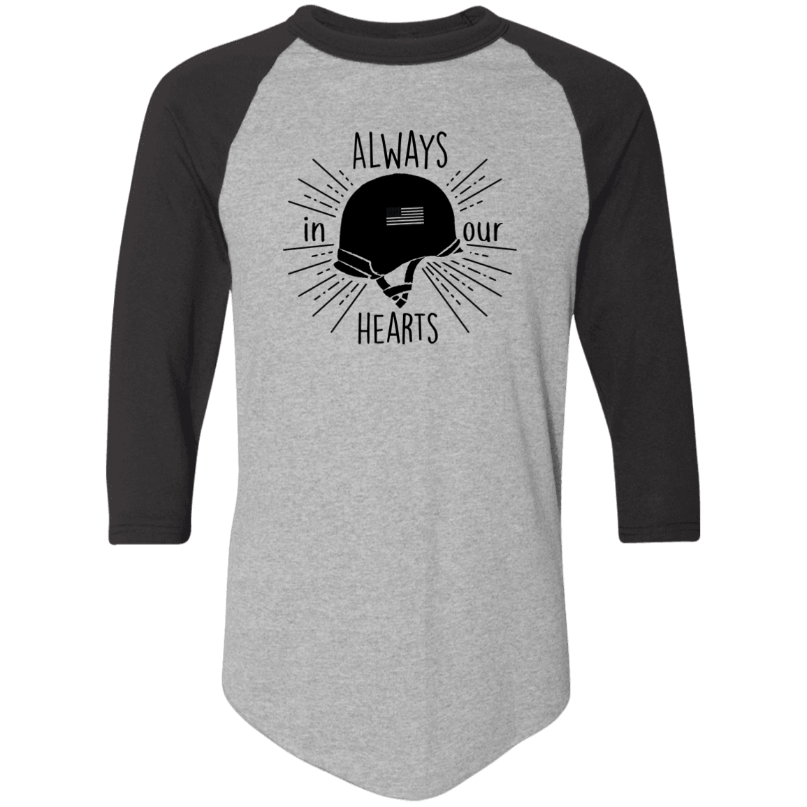 Designs by MyUtopia Shout Out:Always In Our Hearts Army Helmet with Flag 3/4 Length Sleeve Color block Raglan Jersey T-Shirt,Athletic Heather/Black / S,Adult Unisex T-Shirt