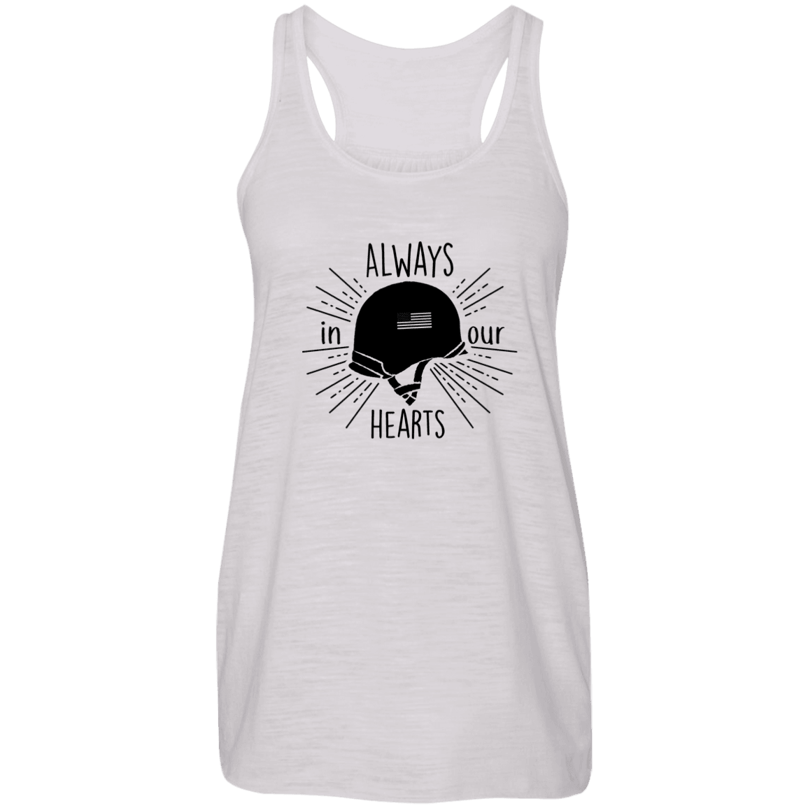Designs by MyUtopia Shout Out:Always In Our Hearts Army Helmet with Flag Ladies Flowy Racer-back Tank Top,X-Small / Vintage White,Tank Tops