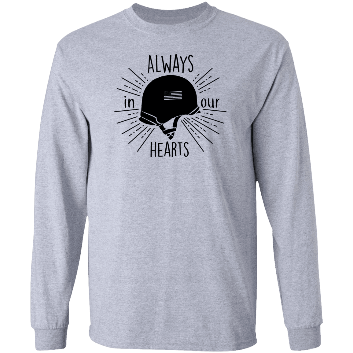 Designs by MyUtopia Shout Out:Always In Our Hearts Army Helmet with Flag Long Sleeve Ultra Cotton Unisex T-Shirt,S / Sport Grey,Long Sleeve T-Shirts