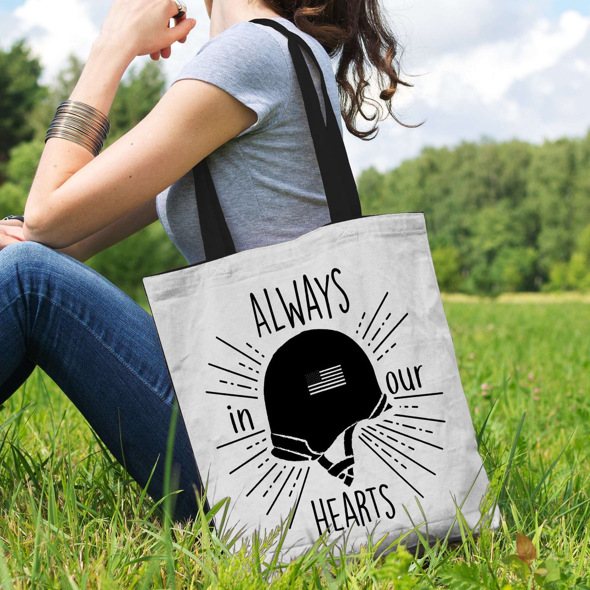 Designs by MyUtopia Shout Out:Always In Our Hearts Fabric Fabric Totebag Reusable Shopping Tote