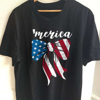 Load image into Gallery viewer, Designs by MyUtopia Shout Out:America Flag Bow Adult Unisex T-Shirt,S / Black,Adult Unisex T-Shirt

