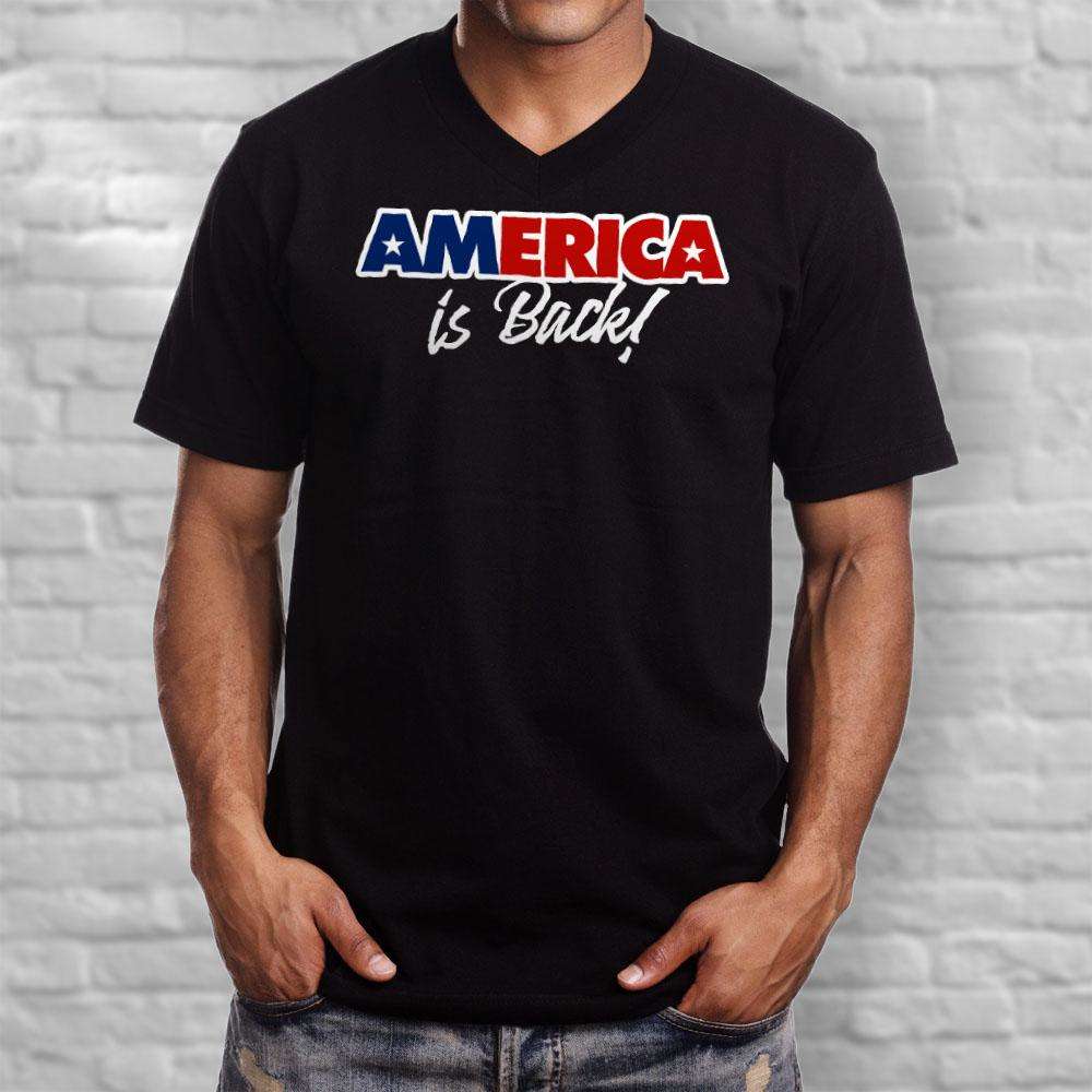 Designs by MyUtopia Shout Out:America Is Back Trump Men's Printed V-Neck T-Shirt