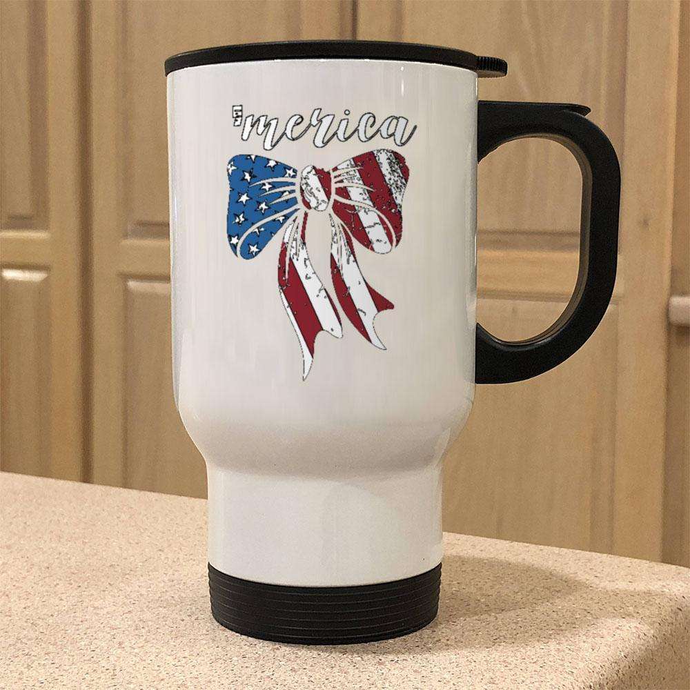 Designs by MyUtopia Shout Out:American Flag Bow 14 oz Stainless Steel Travel Coffee Mug w. Twist Close Lid,White / 14 oz,Travel Mug