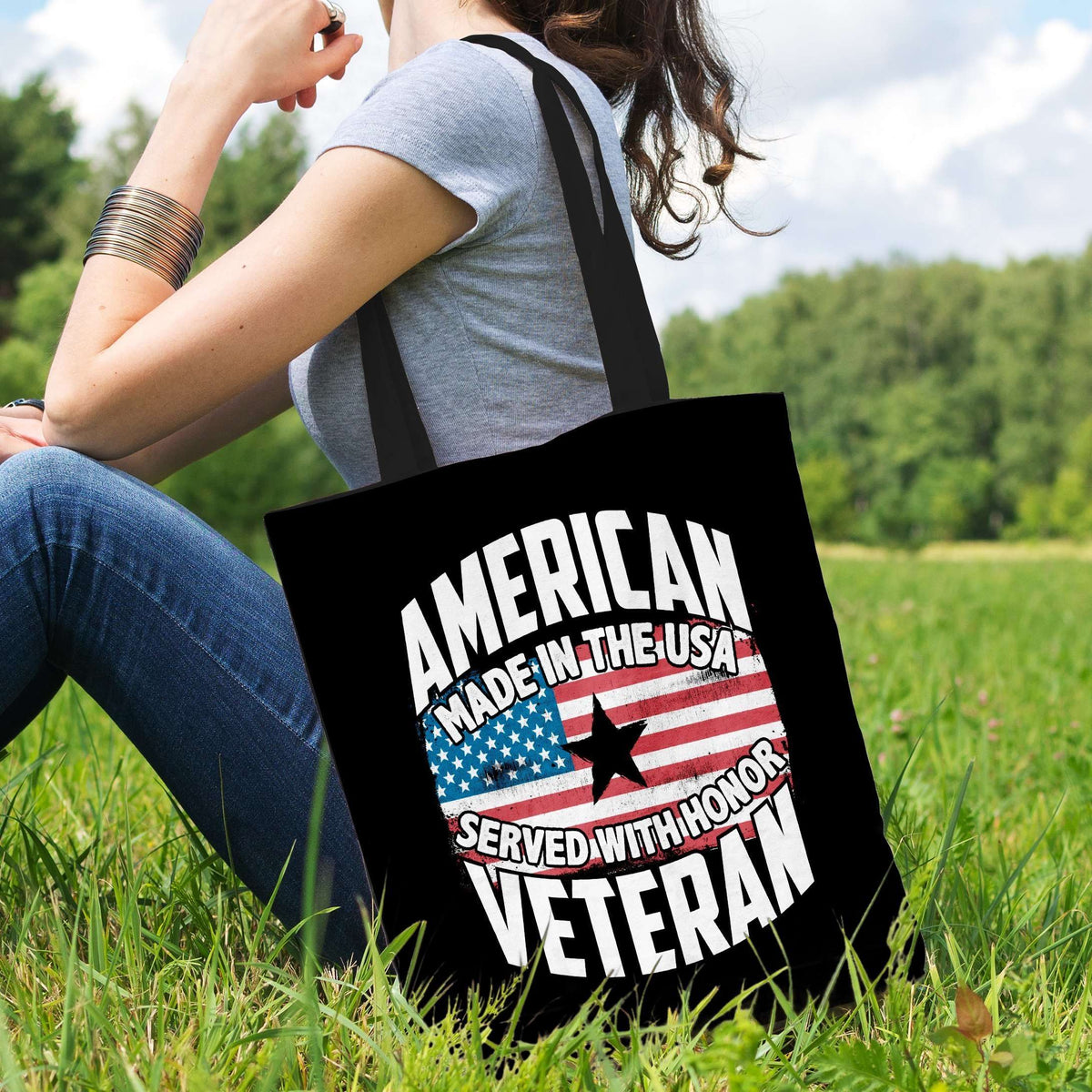 Designs by MyUtopia Shout Out:American Veteran Made in the USA Served With Honor Fabric Totebag Reusable Shopping Tote