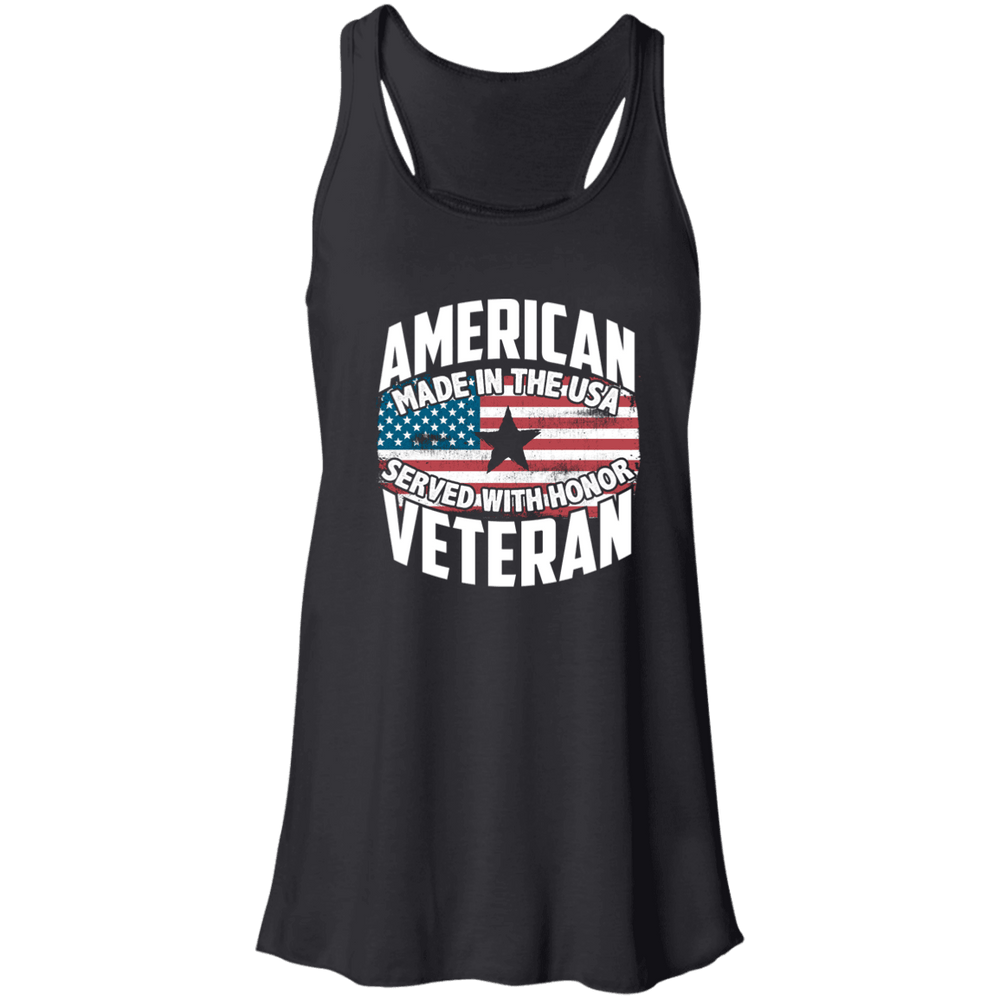 Designs by MyUtopia Shout Out:American Veteran Made in the USA Served With Honor Flowy Racerback Tank,X-Small / Black,Tank Tops