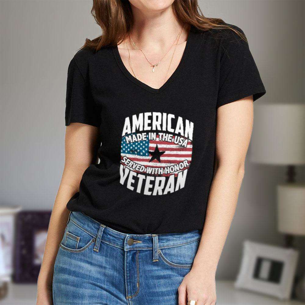 Designs by MyUtopia Shout Out:American Veteran Made in the USA Served With Honor Ladies' V-Neck T-Shirt