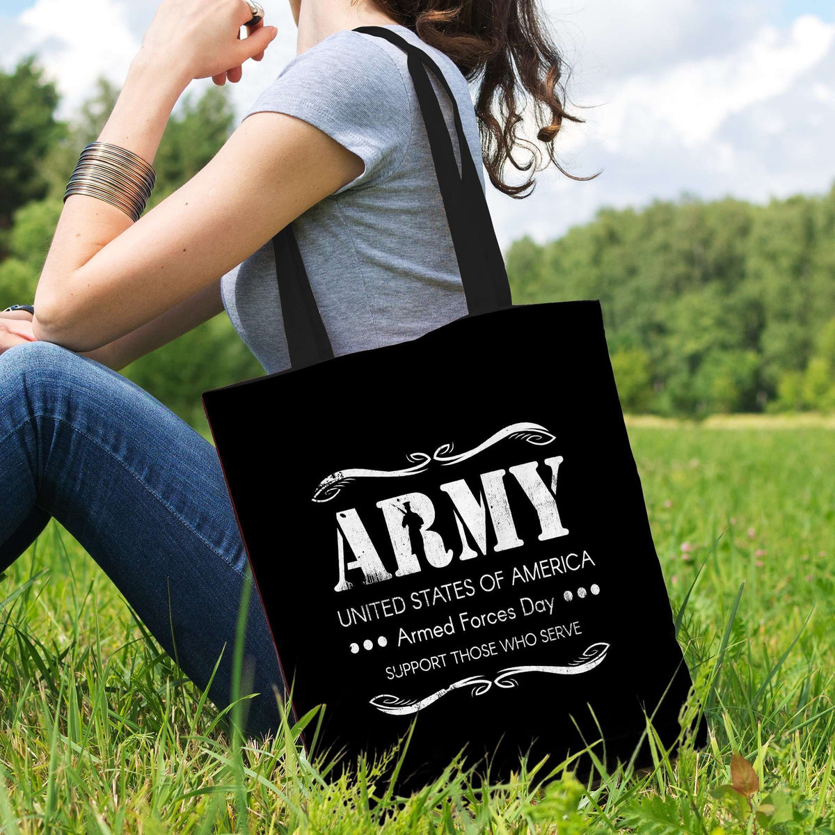 Designs by MyUtopia Shout Out:Army - Armed Forces Day - Support Those Who Serve Fabric Totebag Reusable Shopping Tote
