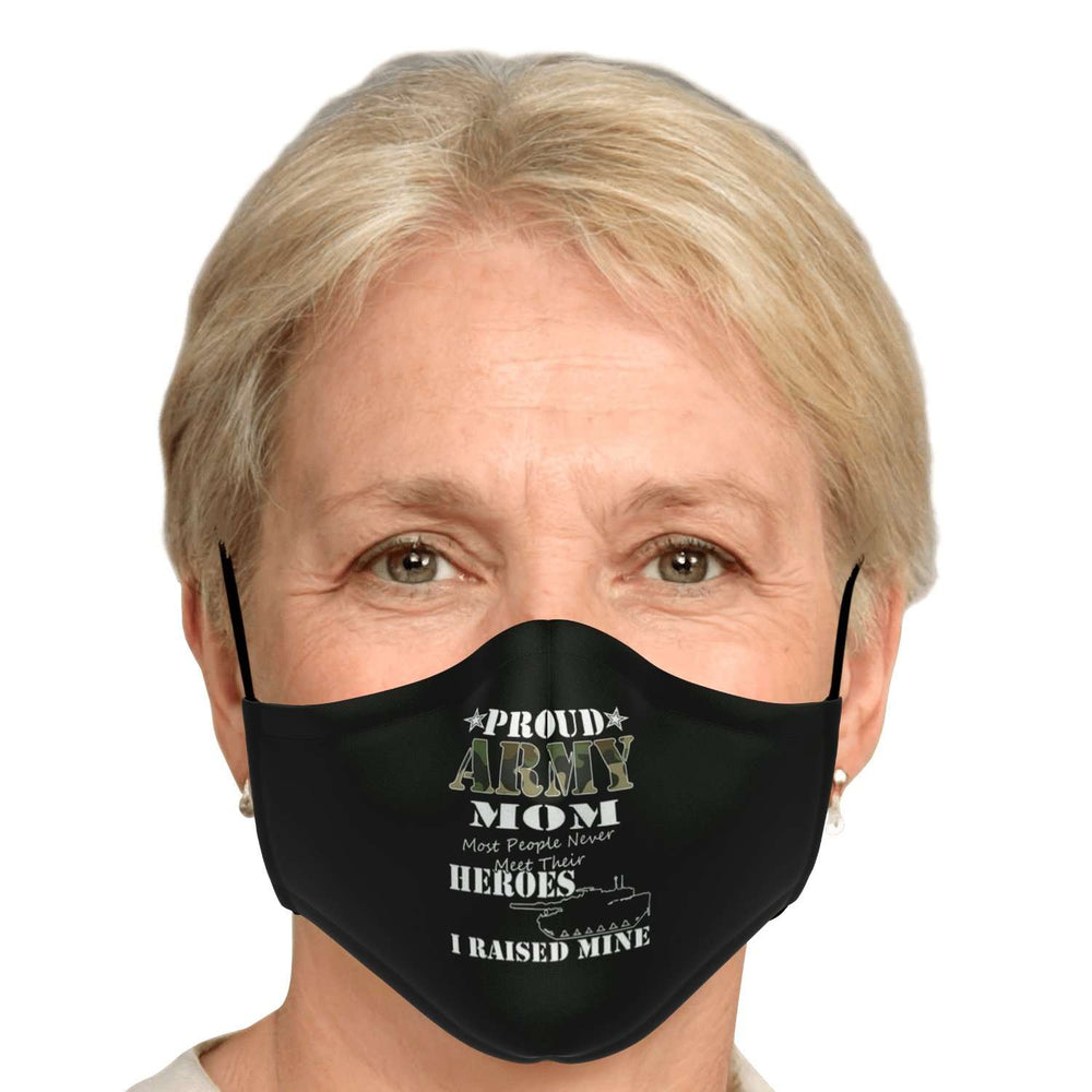 Designs by MyUtopia Shout Out:Army Mom, I Raised My Hero, Camo Print Fitted Face Mask w. Adjustable Ear Loops,Adult / Single / No filters,Fabric Face Mask