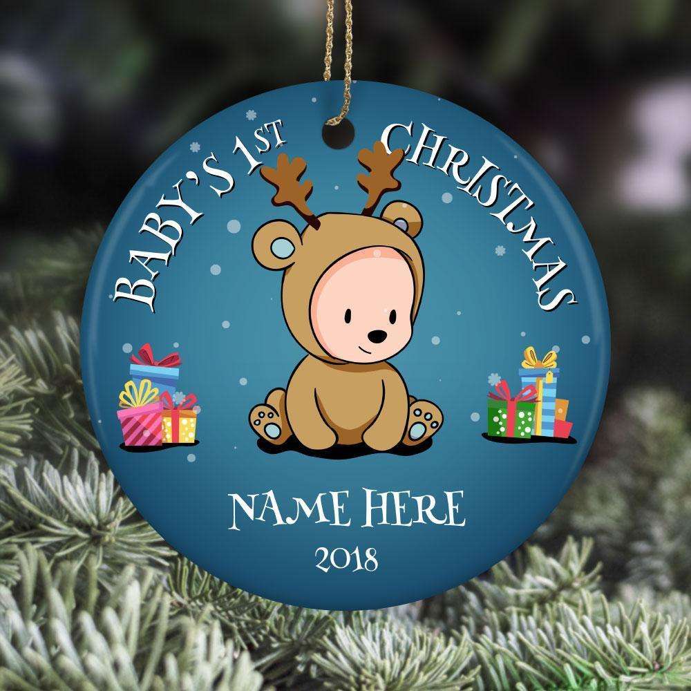 Designs by MyUtopia Shout Out:Baby Boy's First Christmas With Name and Year Personalized Ceramic Circle Ornament,White,Personalized Christmas Ornament