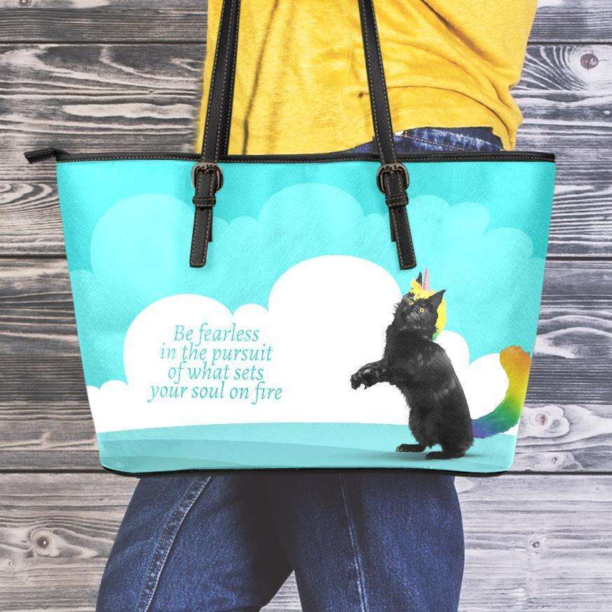 Designs by MyUtopia Shout Out:Be Fearless in the Pursuit of What Sets Your Soul on Fire - Caticorn Art Faux Leather Totebag Purse,Medium (10 T x 16 x 5) / Turquoise,tote bag purse