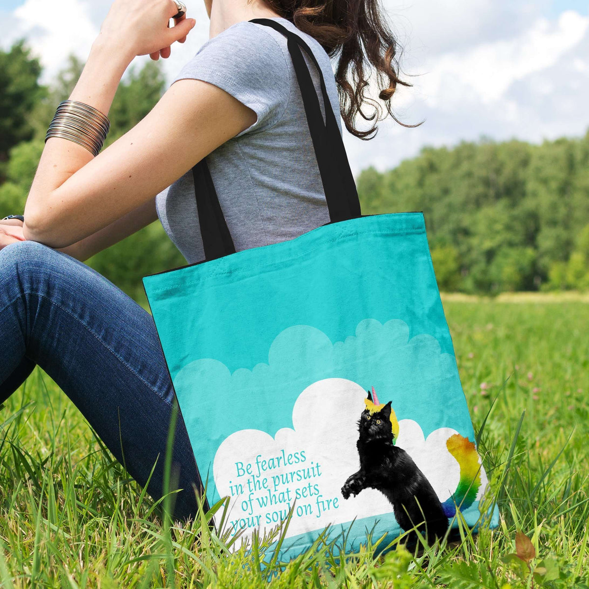 Designs by MyUtopia Shout Out:Be Fearless in the Pursuit of What Sets Your Soul on Fire - Caticorn Art Totebag