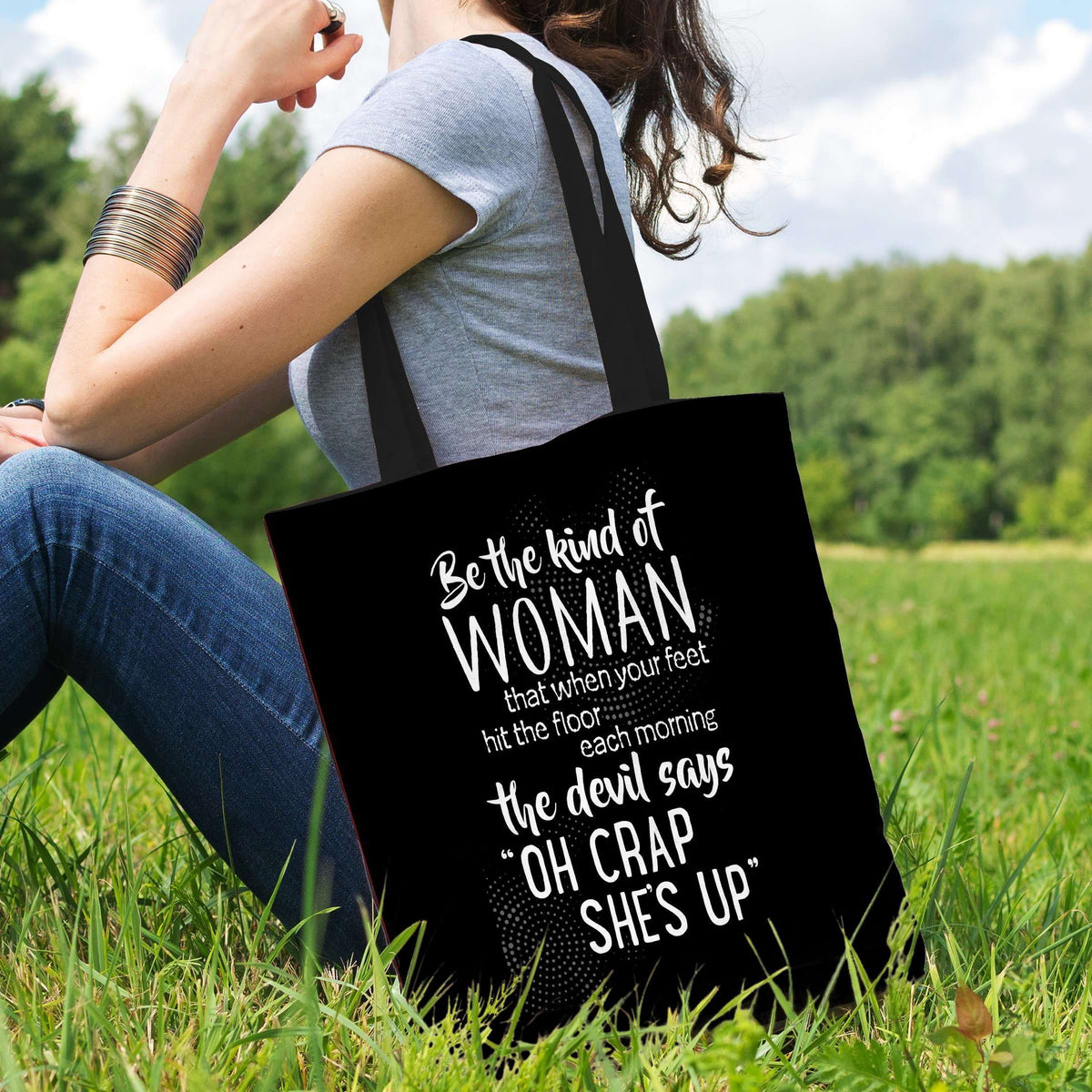 Designs by MyUtopia Shout Out:Be The Kind of Woman That Scares The Devil Fabric Reusable Shopping Tote Special Offer