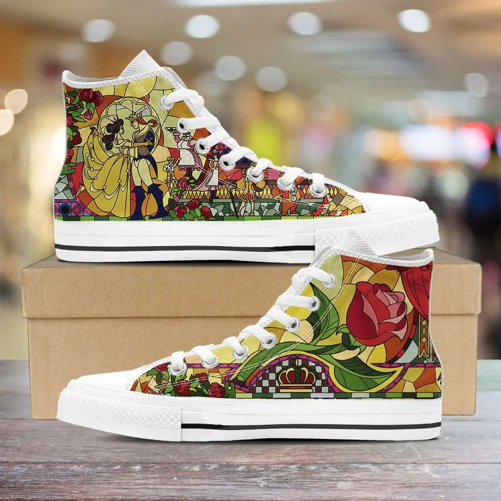 Designs by MyUtopia Shout Out:Beauty and the Beast Canvas High Top Shoes V2,Men's / Mens US 5 (EU38) / White/Multi,High Top Sneakers