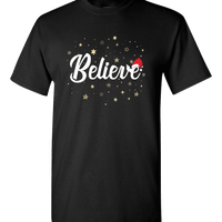 Load image into Gallery viewer, Designs by MyUtopia Shout Out:Believe Stars and Santa Hat Adult Unisex T-Shirt,S / Black,Adult Unisex T-Shirt
