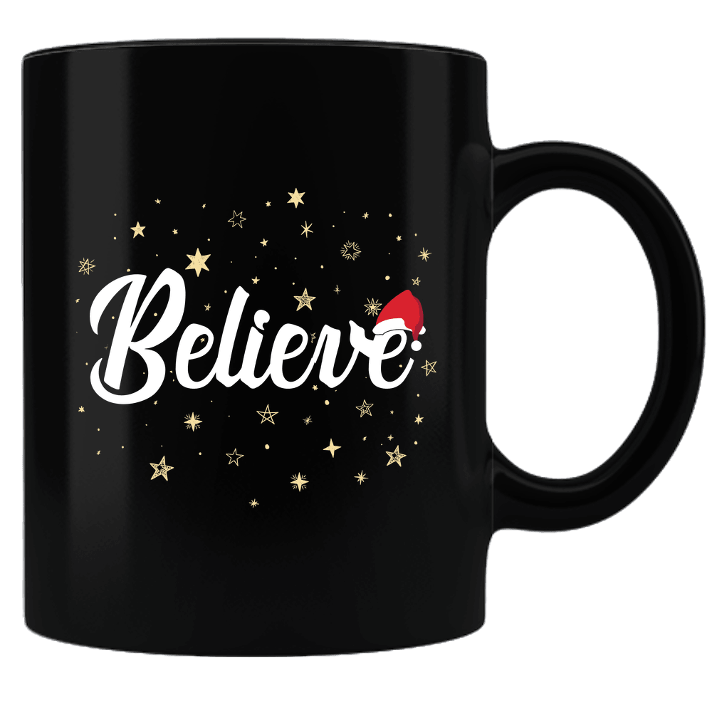 Designs by MyUtopia Shout Out:Believe Stars and Santa Hat Ceramic Black Coffee Mug,Default Title,Ceramic Coffee Mug
