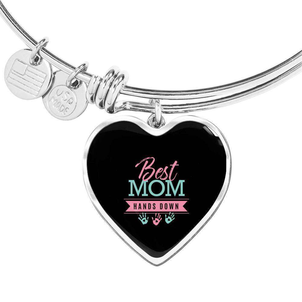 Designs by MyUtopia Shout Out:Best Mom Hands Down Engravable Keepsake Bangle Heart Bracelet - Black,Silver / No,Bracelets