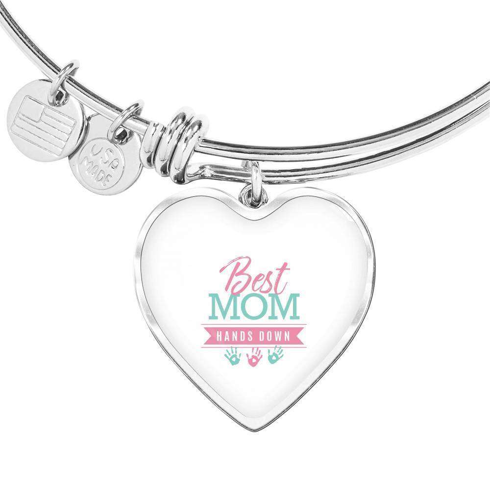 Designs by MyUtopia Shout Out:Best Mom Hands Down Engravable Keepsake Bangle Heart Bracelet - White,Silver / No,Bracelets