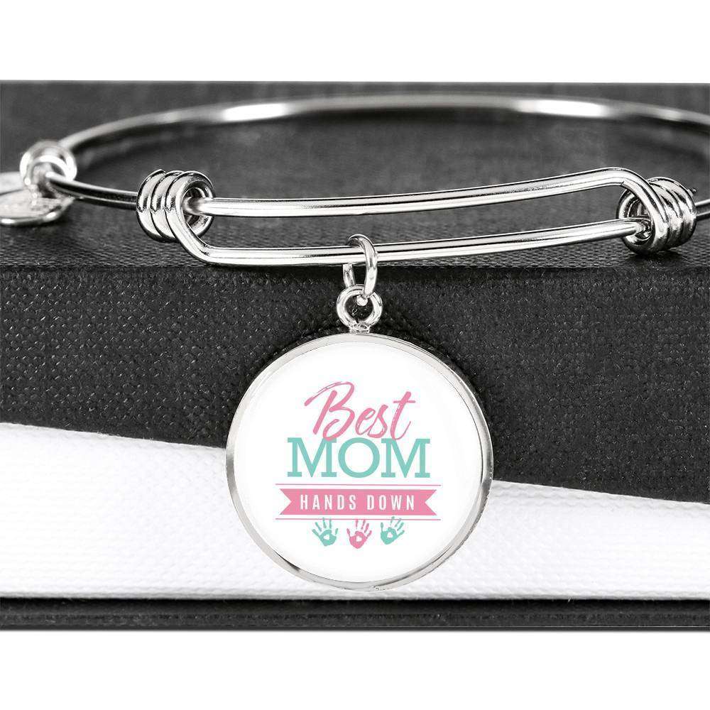 Designs by MyUtopia Shout Out:Best Mom Hands Down Engravable Keepsake Bangle Round Bracelet - White,Silver / No,Bracelets