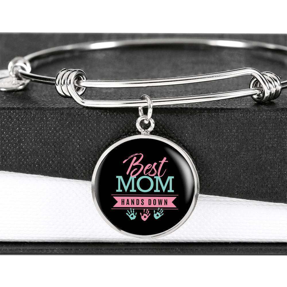 Designs by MyUtopia Shout Out:Best Mom Hands Down Engravable Keepsake Bangle Round Bracelet,Silver / No,Bracelets