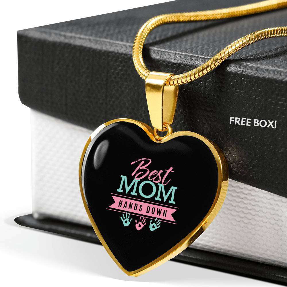 Designs by MyUtopia Shout Out:Best Mom Hands Down Engravable Keepsake Heart Necklace - Black