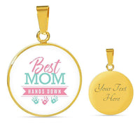 Load image into Gallery viewer, Designs by MyUtopia Shout Out:Best Mom Hands Down Engravable Keepsake Round Pendant Necklace - White,Gold / Yes,Necklace
