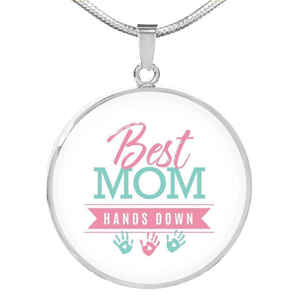 Designs by MyUtopia Shout Out:Best Mom Hands Down Engravable Keepsake Round Pendant Necklace - White,Silver / No,Necklace