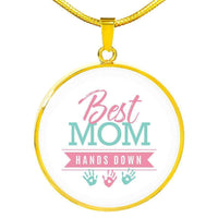Load image into Gallery viewer, Designs by MyUtopia Shout Out:Best Mom Hands Down Engravable Keepsake Round Pendant Necklace - White,Gold / No,Necklace

