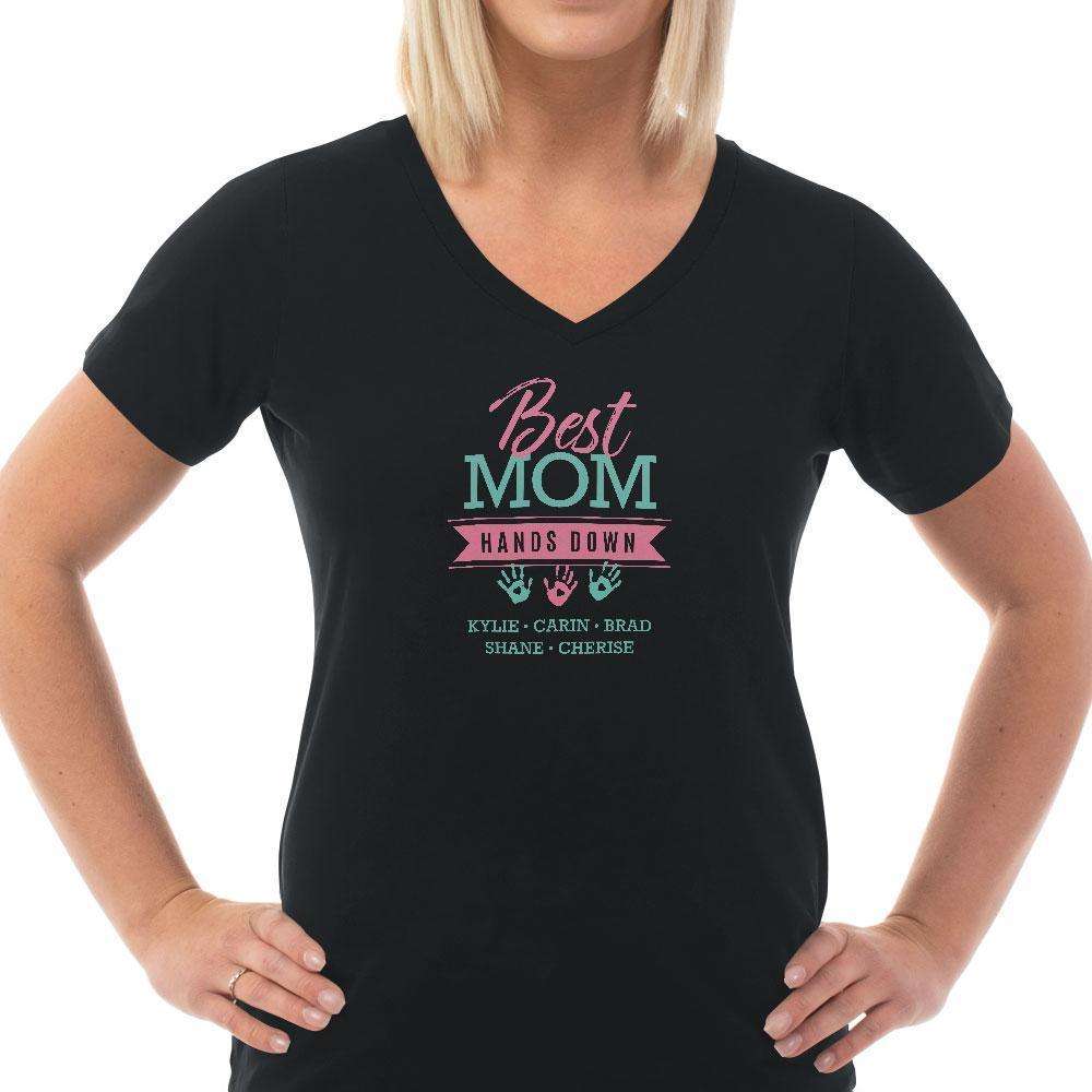 Designs by MyUtopia Shout Out:Best Mom Hands Down Personalized Ladies V Neck Tee