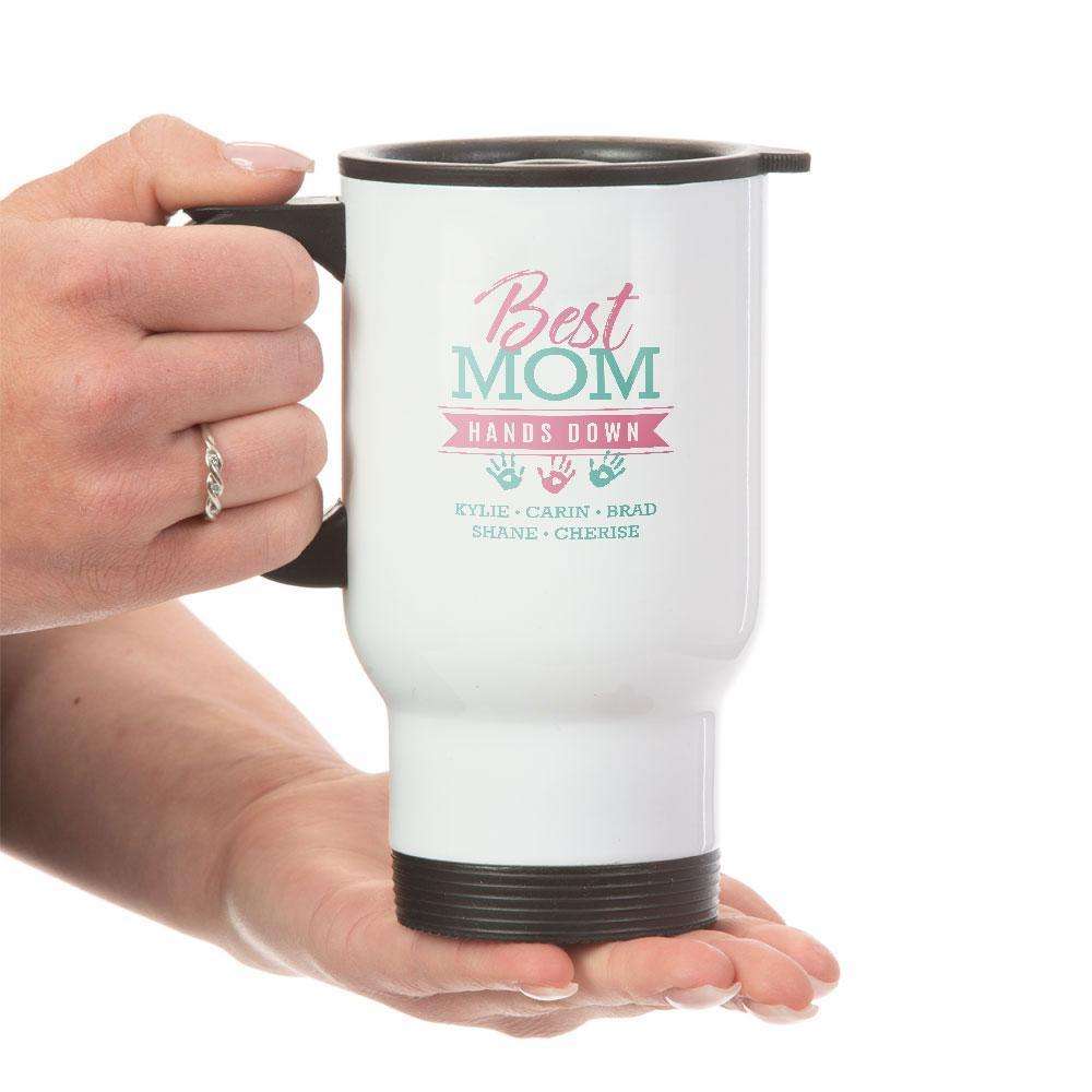 Designs by MyUtopia Shout Out:Best Mom Hands Down Personalized with Kid's Names 14 oz Stainless Steel Travel Coffee Mug w. Twist Close Lid