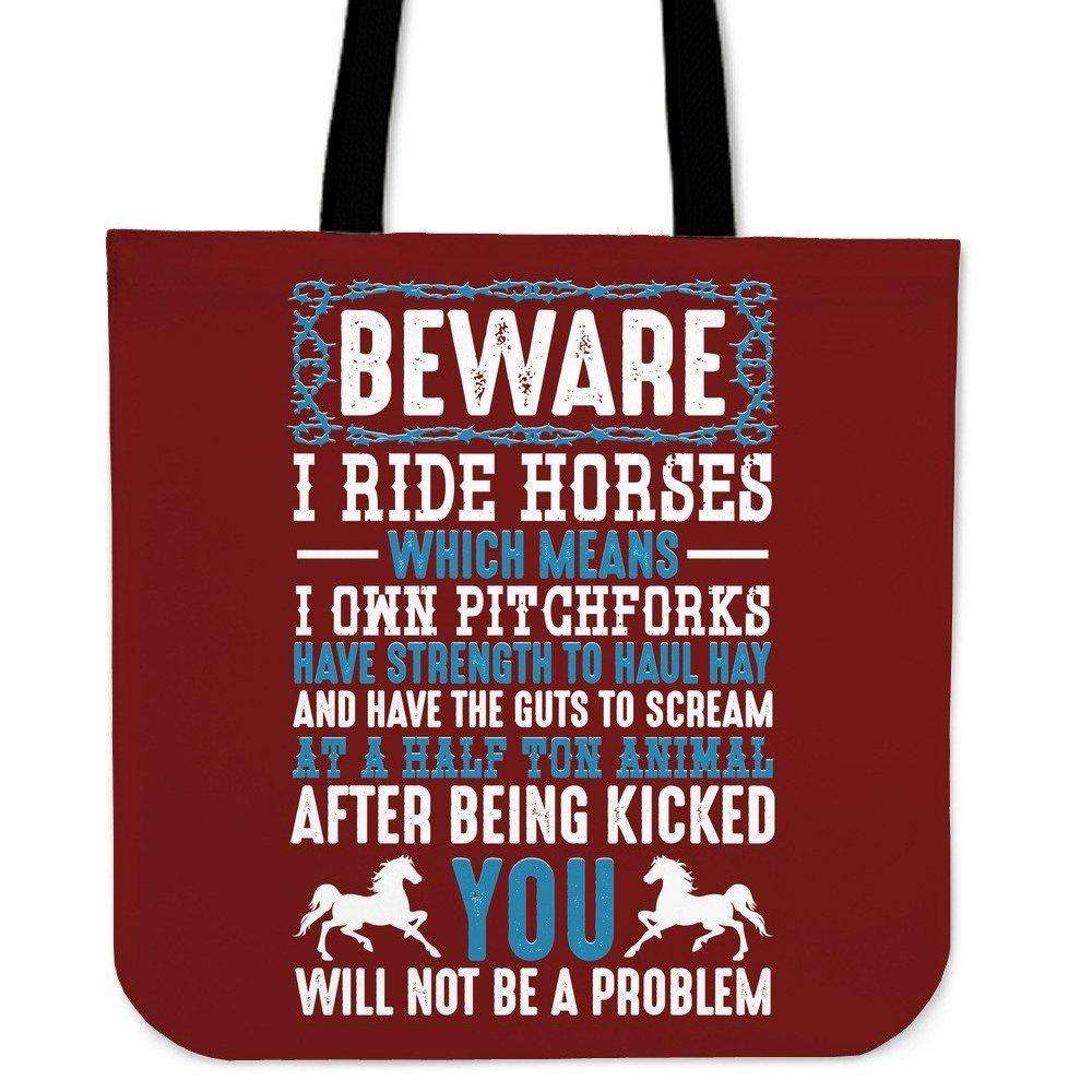 Designs by MyUtopia Shout Out:Beware I Ride Horses Fabric Totebag Reusable Shopping Tote,Maroon,Reusable Fabric Shopping Tote Bag