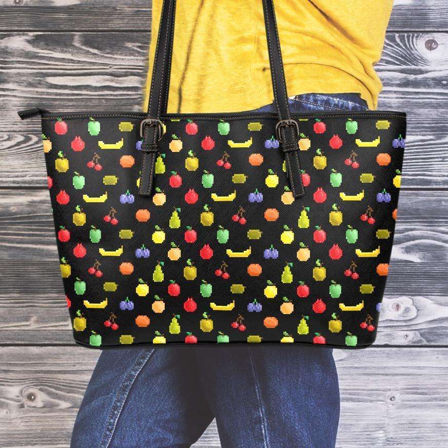 Designs by MyUtopia Shout Out:Bitmap Fruit All Over Print Faux Leather Totebag Purse,Medium (10 x 16 x 5) / Black/Multi,tote bag purse