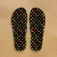 Load image into Gallery viewer, Designs by MyUtopia Shout Out:Bitmap Fruit Flip Flops,Women&#39;s / Women&#39;s Small (US 5-6 /EU 35-37) / Black/Multi,Flip Flops
