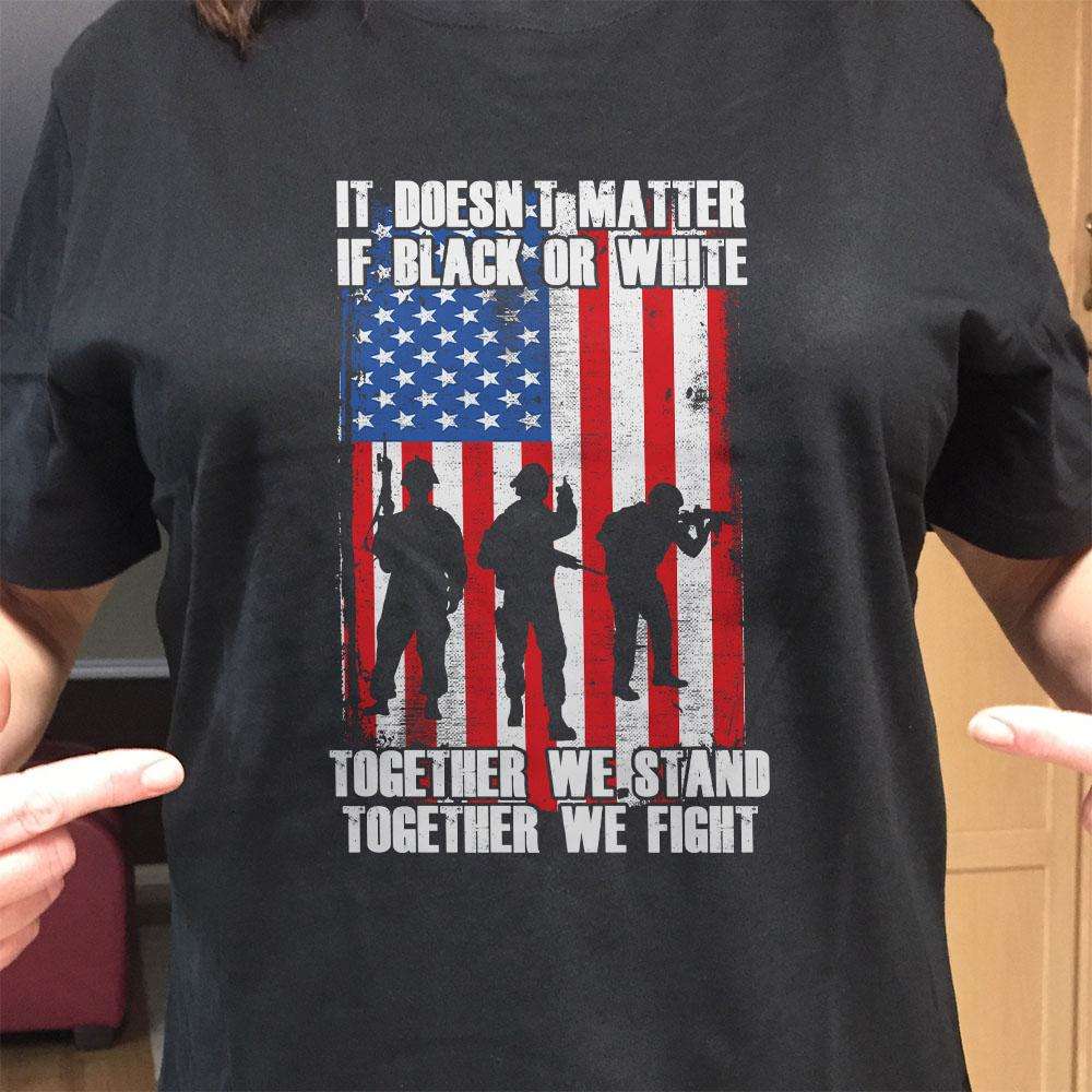 Designs by MyUtopia Shout Out:Black or White Together We Stand & Fight US Flag Adult Unisex T-Shirt