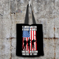 Load image into Gallery viewer, Designs by MyUtopia Shout Out:Black or White Together We Stand &amp; Fight US Flag Fabric Totebag Reusable Shopping Tote
